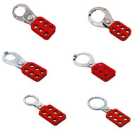 A photograph of six 07350 1" and 1.5" red dipped lockout hasps in aluminum and steel.