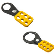 A photograph of a 07351 1" and 1.5" yellow dipped steel lockout hasp.
