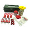 A photograph of a fully equipped 07034 Zing Recyclockout™ lockout tagout kit with deluxe tool box, with plastic padlocks.