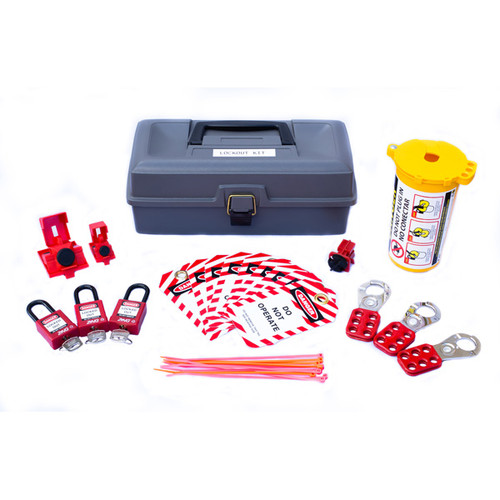 A photograph of a fully equipped 07043 electrical breaker and plug lockout tagout kit with tool box.