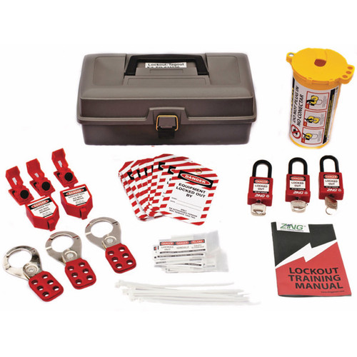 A photograph of a fully equipped 07044 deluxe electrical breaker and plug lockout tagout kit with tool box.