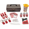 A photograph of a fully equipped 07044 deluxe electrical breaker and plug lockout tagout kit with tool box.