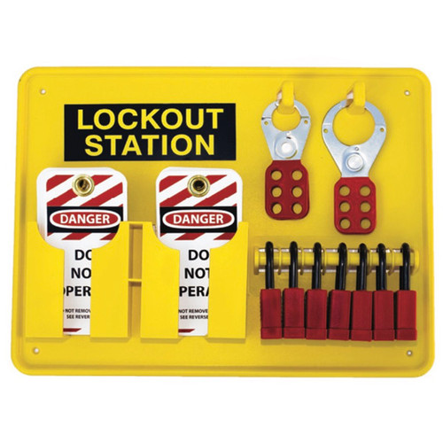 A photograph of a fully equipped 07057 7-padlock capacity lockout station, with lockout tags, devices, and safety padlocks.