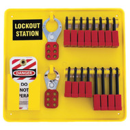 A photograph of a fully equipped 07058 16-padlock capacity lockout station, with lockout tags, devices, and safety padlocks.