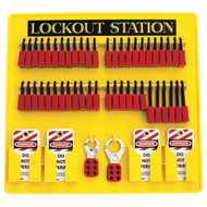 A photograph of a fully equipped 07059 48-padlock capacity lockout station, with lockout tags, devices, and safety padlocks.