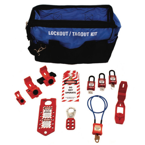 A photograph of a fully equipped 07102 Zing electrical lockout duffel bag kit, with lockout tags, devices, and safety padlocks.
