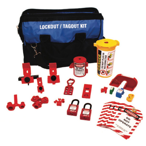 A photograph of a fully equipped 07103 Zing deluxe electrical lockout duffel bag kit, with lockout tags, devices, and safety padlocks.