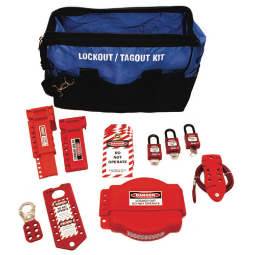 A photograph of a fully equipped 07104 Zing valve lockout duffel bag kit, with lockout tags, devices, and safety padlocks.