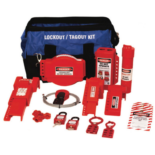 A photograph of a fully equipped 07105 Zing deluxe valve lockout duffel bag kit, with lockout tags, devices, and safety padlocks.