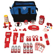 A photograph of a fully equipped 07106 Zing maintenance department lockout duffel bag kit, with lockout tags, devices, and safety padlocks.