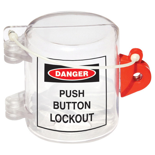 A photograph of a clear 07149 oversize push button lockout device, reading danger push button lockout.