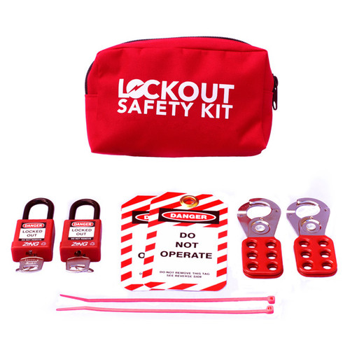 A photograph of a fully equipped 07029 economy portable lockout/tagout pouch kit, with lockout tags, devices, and safety padlocks.