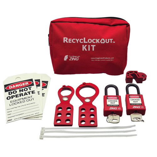 A photograph of a fully equipped 07032 Zing Recyclockout™ lockout tagout general application pouch kit, with plastic padlocks. 
