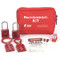 A photograph of a fully equipped 07032 Zing Recyclockout™ lockout tagout general application pouch kit, with aluminum padlocks. 