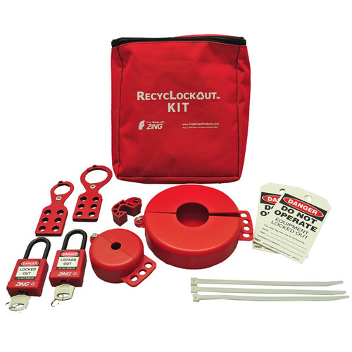 A photograph of a fully equipped 07033 Zing Recyclockout™ lockout tagout valve pouch kit, with plastic padlocks.