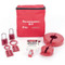 A photograph of a fully equipped 07033 Zing Recyclockout™ lockout tagout valve pouch kit, with aluminum padlocks.