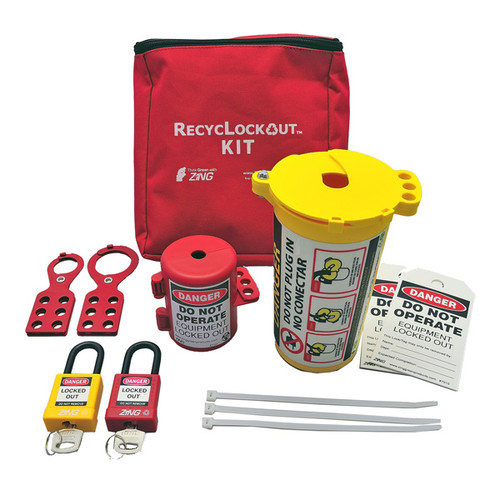 A photograph of a fully equipped 07035 Zing Recyclockout™ lockout tagout plug pouch kit, with plastic padlocks. 