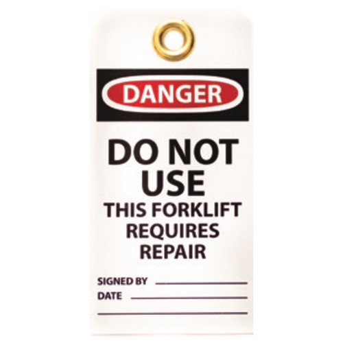 A photograph of a 12201 danger do not use this forklift requires repairs tag, with 10 per package.