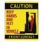A photograph of a yellow and black 12208 forklift label, reading caution keep hands and feet in vehicle, 3 point contact, wit 10 per package.