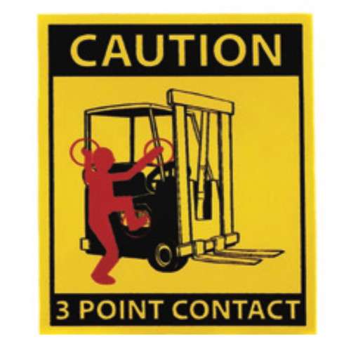A photograph of a yellow and black 12209 forklift label, reading caution 3 point contact, with 10 per package.