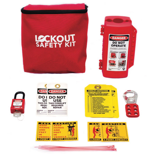 A photograph of a small fully  equipped 07038 forklift safety/lockout kit.