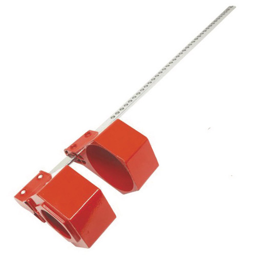 A photograph of a red 07162 blind flange lockout device.