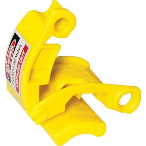 A photograph of a yellow 07174 pin and sleeve lockout device for 500 V plugs.