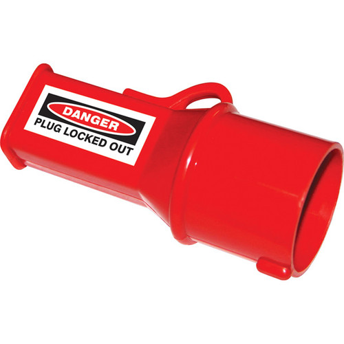 A photograph of a red 07172 pin and sleeve socket lockout device.