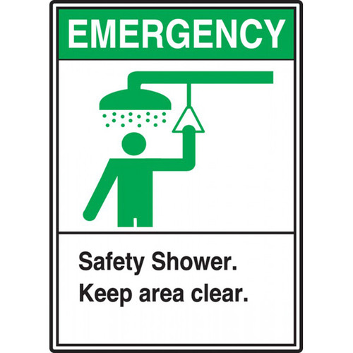 A photograph of a green and white 09392 emergency safety shower ANSI sign with graphic.