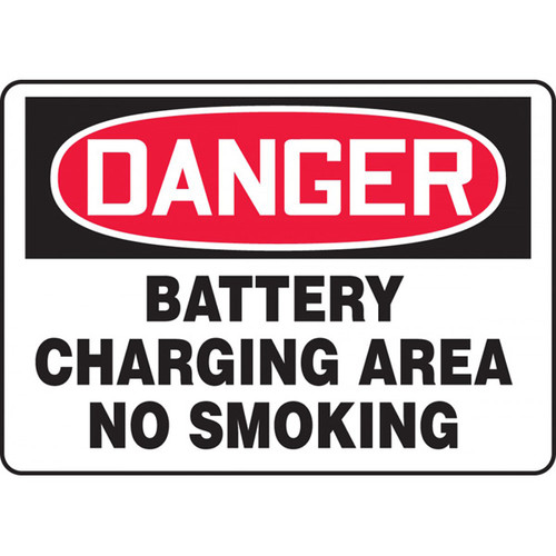 A photograph of a black and white 09394 danger battery charging area no smoking OSHA sign with graphic.