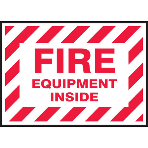 A photograph of a red and white 09384 fire equipment inside decal, with 5 per package.