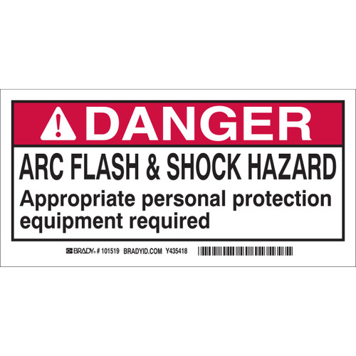 A photograph of a 07322-x brady vinyl arc flash labels, danger, text only.
