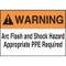 A photograph of an orange and white 07301 ANSI basic arc flash label, with 100 per roll.
