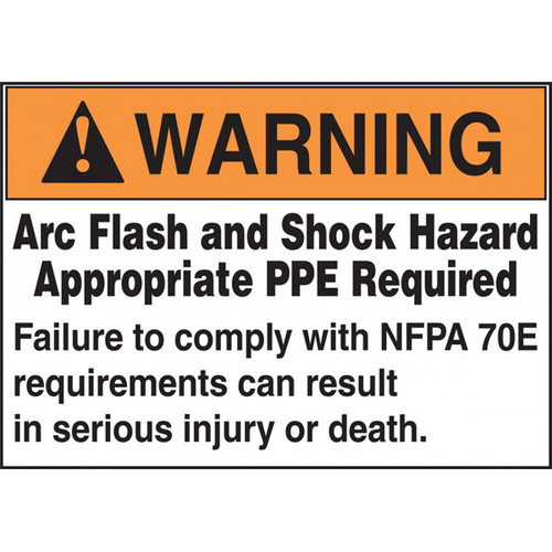 A photograph of an orange and white 07302 ANSI arc flash labels with NFPA 70E compliance text, and 100 per roll.