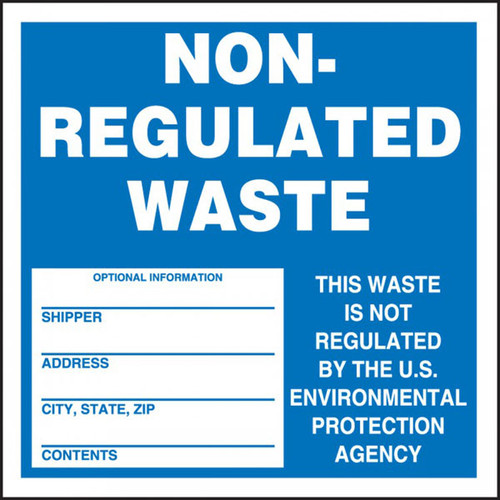 A photograph of a blue and white 12323 hazardous waste label, reading non-regulated waste.