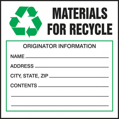 A photograph of a green and white 12330 waste label, reading materials for recycling with graphic.