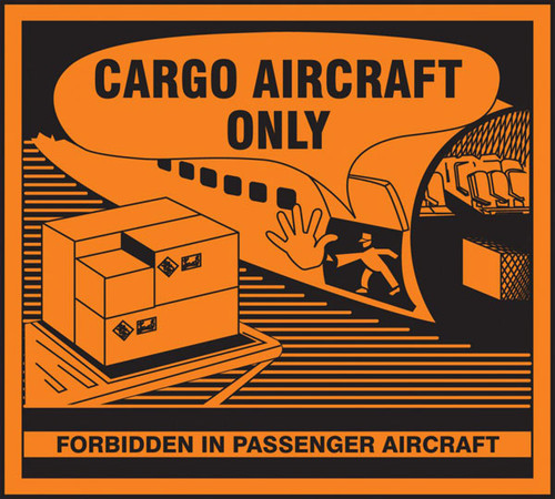 A photograph of an orange and black 12332 hazardous material shipping label, reading cargo aircraft only with illustration.