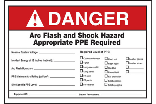 A photograph of a red and white 07321 ANSI danger arc flash label and signs with user information, blanks, and PPE checkboxes.