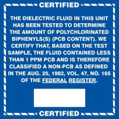 A photograph of a blue and white 12341 PCB marker,  reading certified non-PCB fluid.