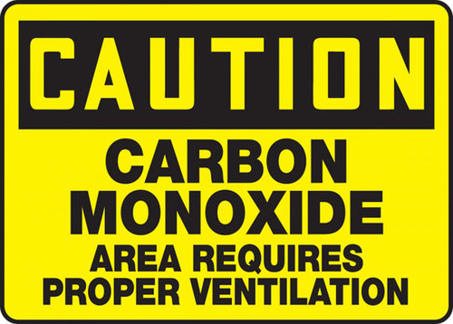 A photograph of a yellow and black 01750 caution carbon monoxide area requires proper ventilation OSHA sign .