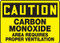 A photograph of a yellow and black 01750 caution carbon monoxide area requires proper ventilation OSHA sign .