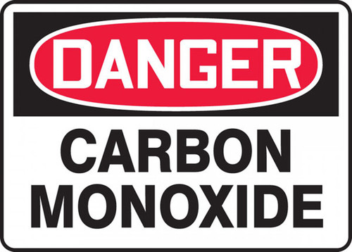 A photograph of a red and white 01752 danger carbon monoxide OSHA sign .