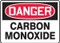 A photograph of a red and white 01752 danger carbon monoxide OSHA sign .