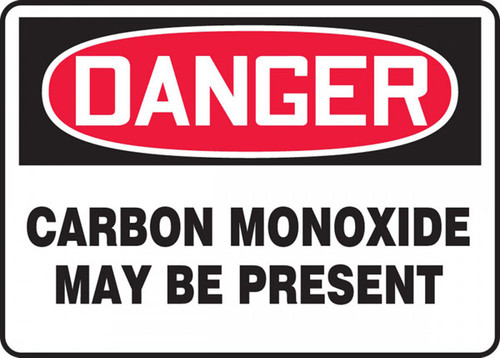 A photograph of a red and white 01753 danger carbon monoxide may be present OSHA sign.