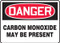 A photograph of a red and white 01753 danger carbon monoxide may be present OSHA sign.