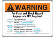 A photograph of an orange and white 07323 warning customized preprinted arc flash sign.