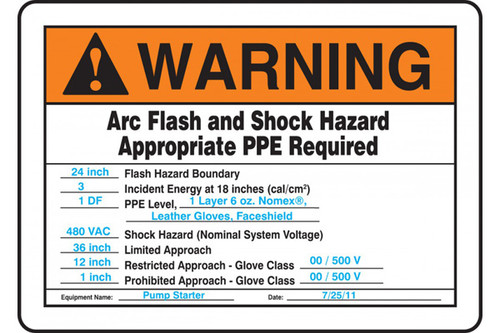 A photograph of an orange and white 07323 warning customized preprinted arc flash sign.