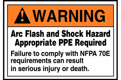 A photograph of an orange and white 07326 ANSI warning arc flash label and sign with NFPA 70E injury or death warning.