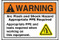 A photograph of an orange and white 07327 ANSI warning arc flash label and sign with tools and equipment text, and arc flash icon.