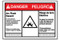 A photograph of a red and white 07331 bilingual english/spanish ANSI danger/peligro arc flash label with arc flash icon.